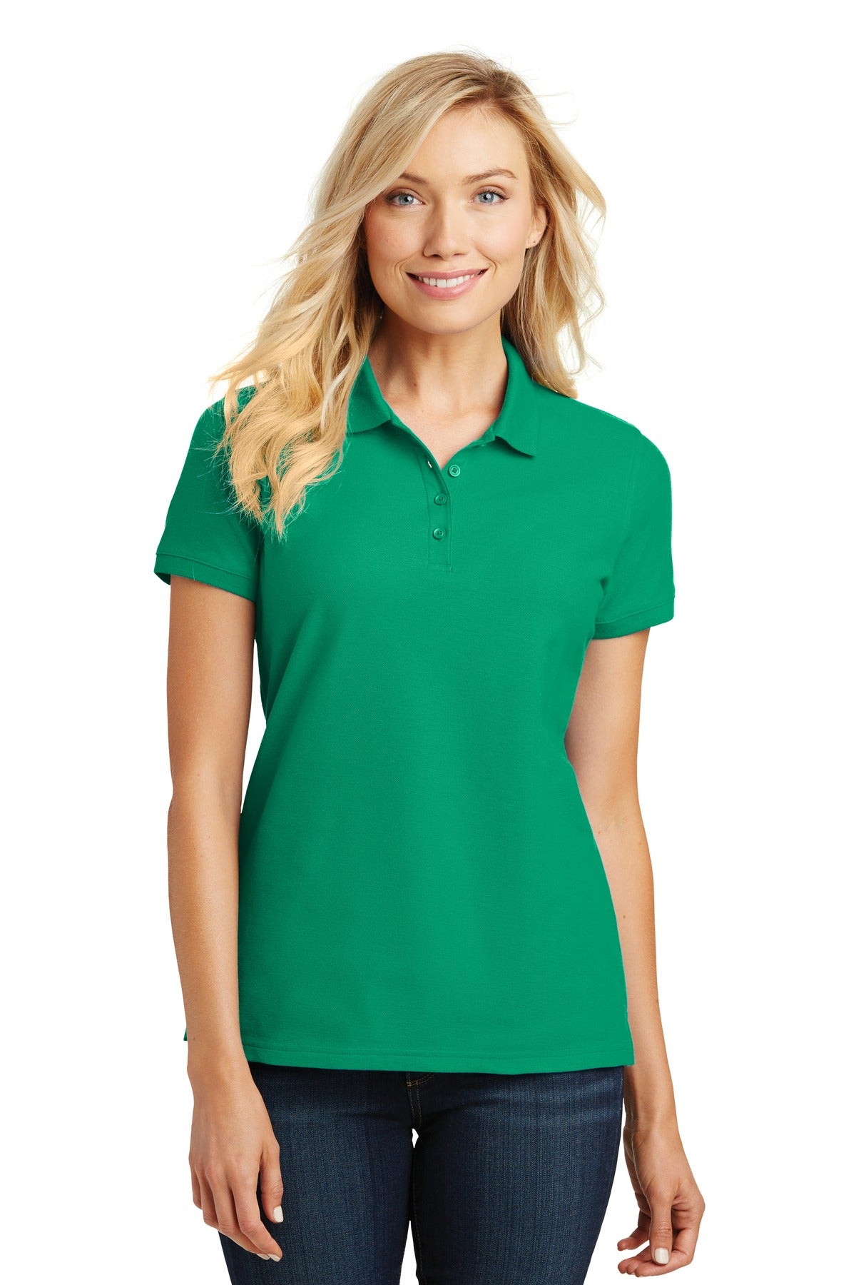Front View of Brt Kelly Grn Port Authority Women's Core Classic Pique Polo. L100  - 5XL