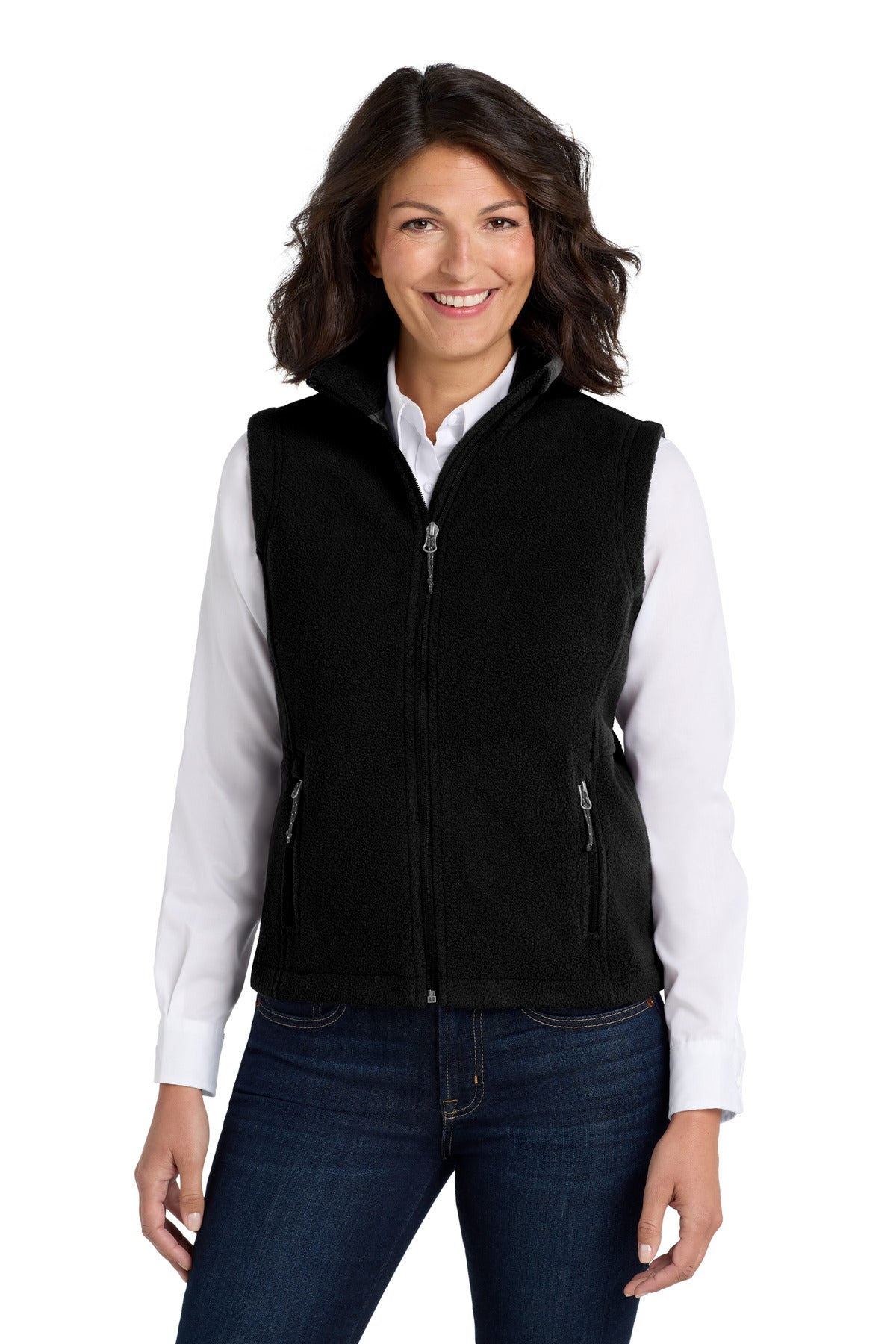 Front View of Black Port Authority Women's Value Fleece Vest. L219  - 3XL