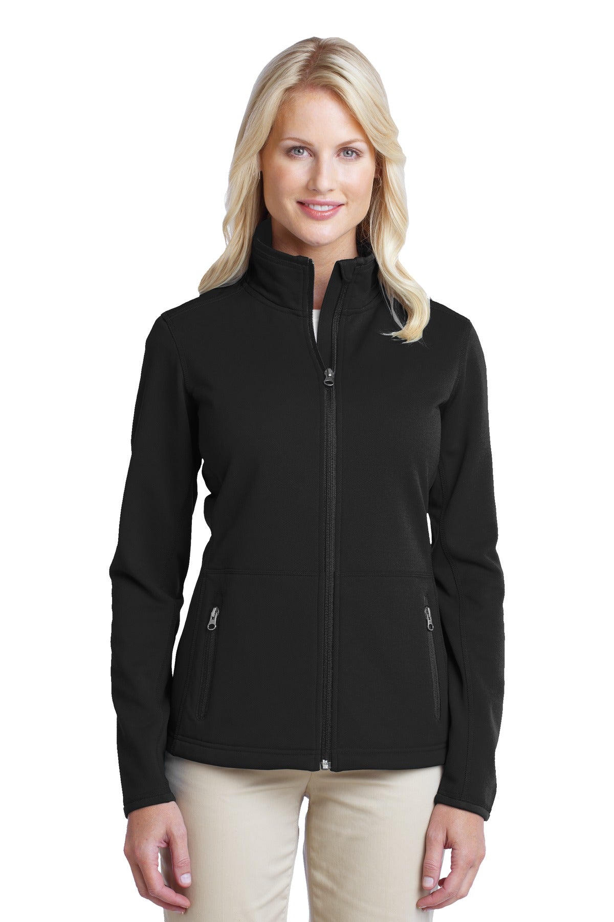 Front View of Black Port Authority Women's Pique Fleece Jacket. L222  - L
