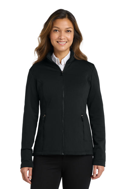 Front View of Deep Black Port Authority Women's Grid Fleece Jacket. L239  - 3XL