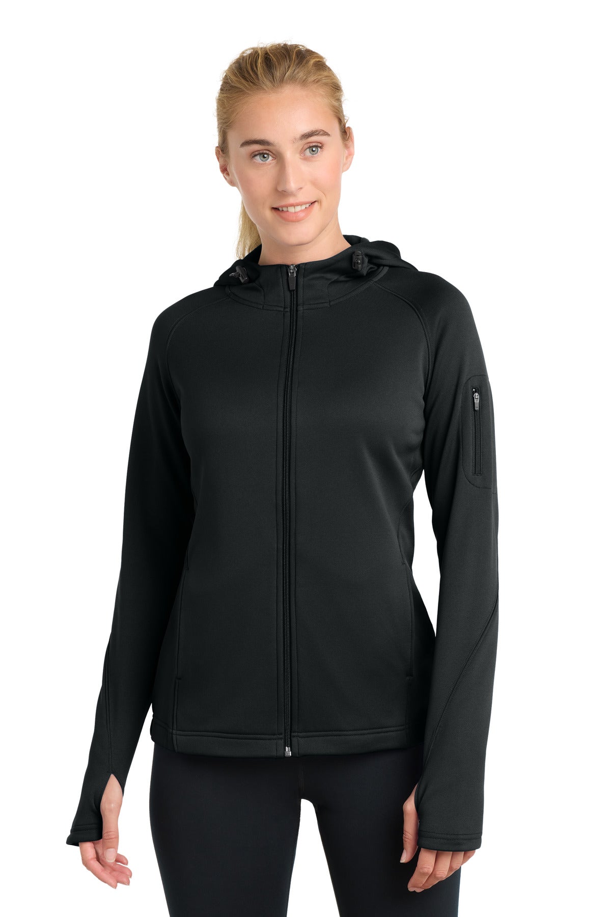 Front View of Black Sport-Tek Women's Tech Fleece Full-Zip Hooded Jacket. L248  - M
