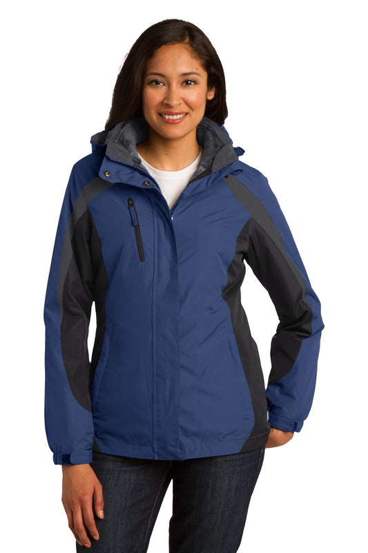 Front View of Ad Blu/Blk/Gry Port Authority Women's Colorblock 3-in-1 Jacket. L321  - XS