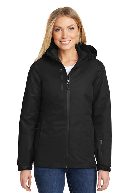 Front View of Black/Black Port Authority Women's Vortex Waterproof 3-in-1 Jacket. L332  - XS