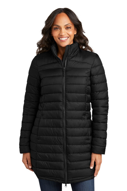 Front View of DeepBlack Port Authority Women's Horizon Puffy Long Jacket L365  - 4XL