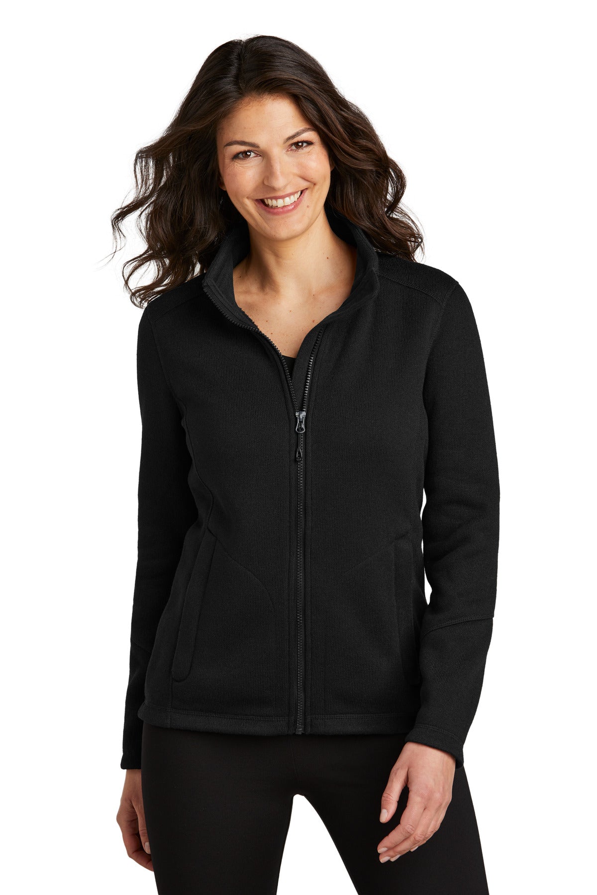 Front View of DeepBlack Port Authority Women's Arc Sweater Fleece Jacket L428  - S
