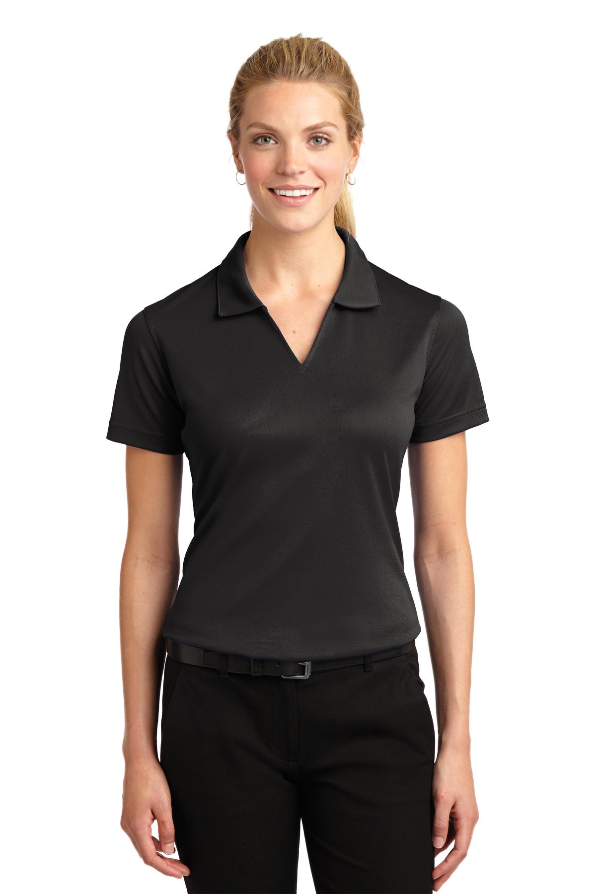 Front View of Black Sport-Tek Women's Dri-Mesh V-Neck Polo. L469  - XXL