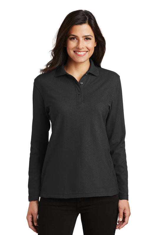 Front View of Black Port Authority Women's Silk Touch Long Sleeve Polo. L500LS  - 3XL