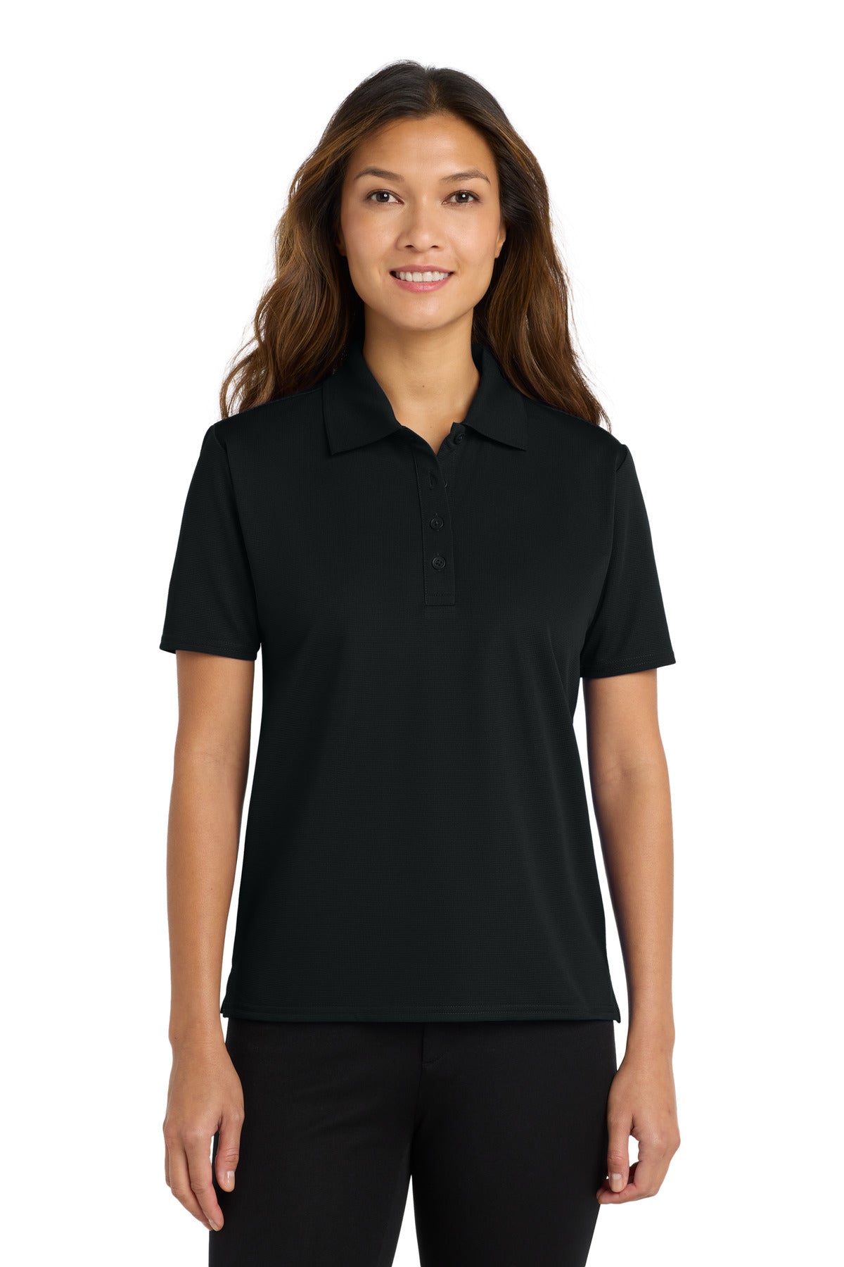 Front View of Black Port Authority Women's Dry Zone Ottoman Polo. L525  - M