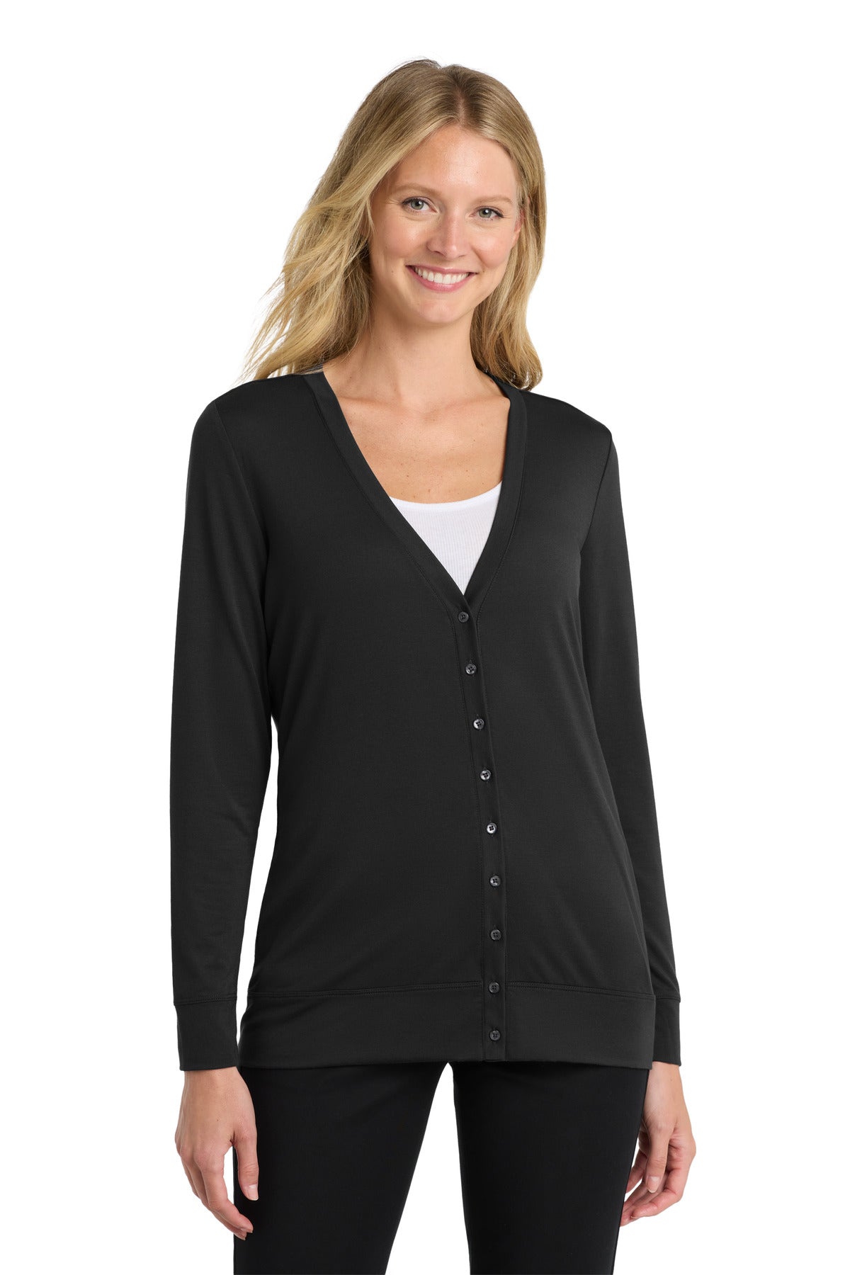 Front View of Black Port Authority Women's Concept Cardigan. L545  - XS