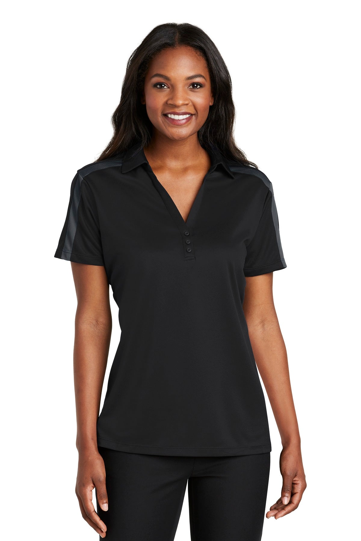 Front View of Black/Steel Gy Port Authority Women's Silk Touch Performance Colorblock Stripe Polo. L547  - M
