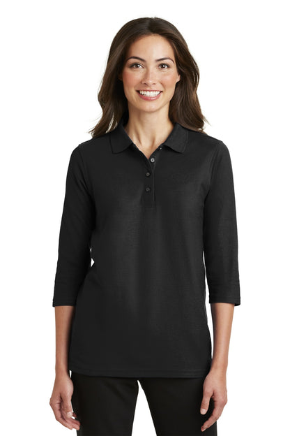 Front View of Black Port Authority Women's Silk Touch 3/4-Sleeve Polo. L562  - XS