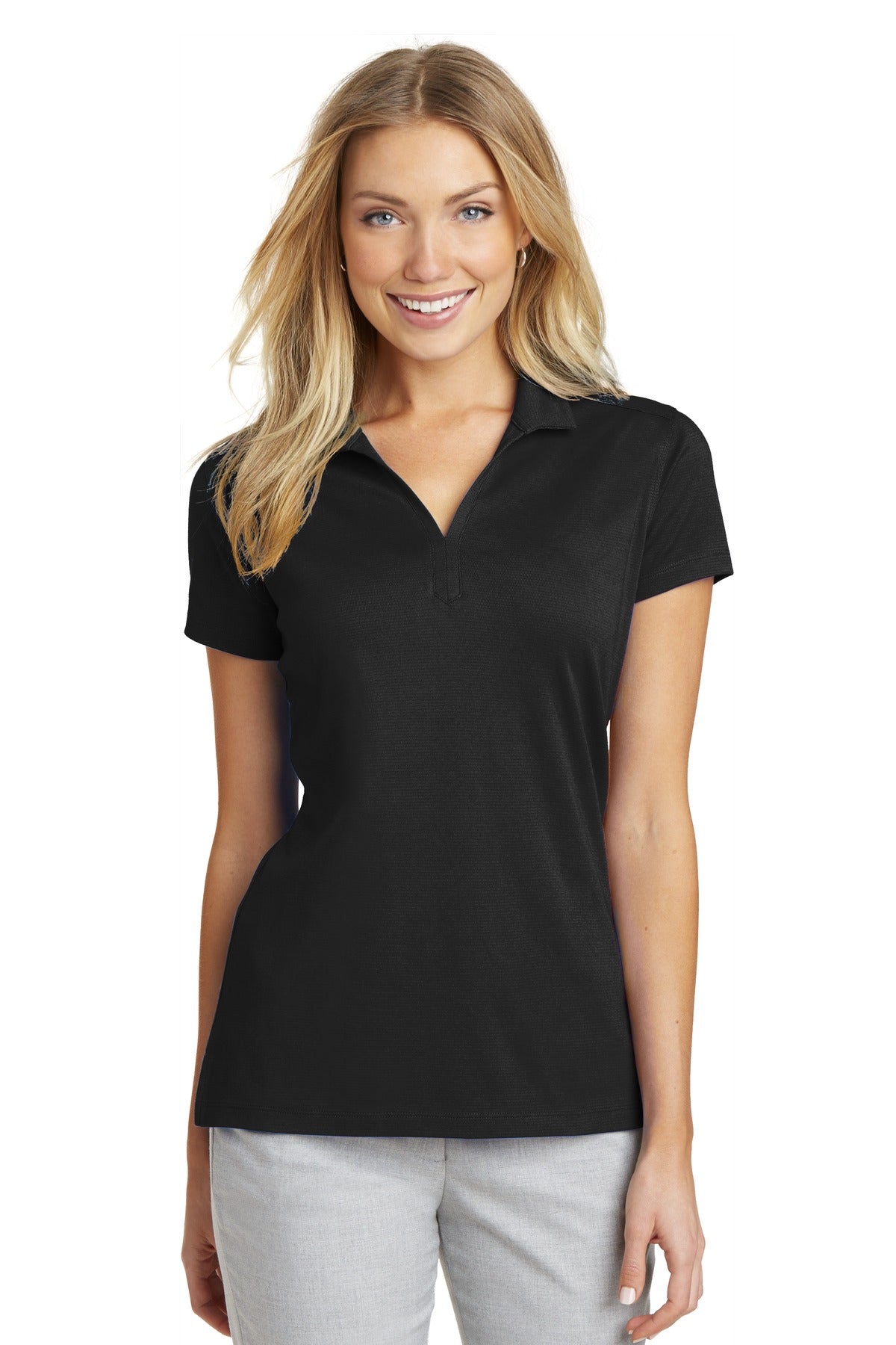 Front View of Black Port Authority Women's Rapid Dry Mesh Polo. L573  - L