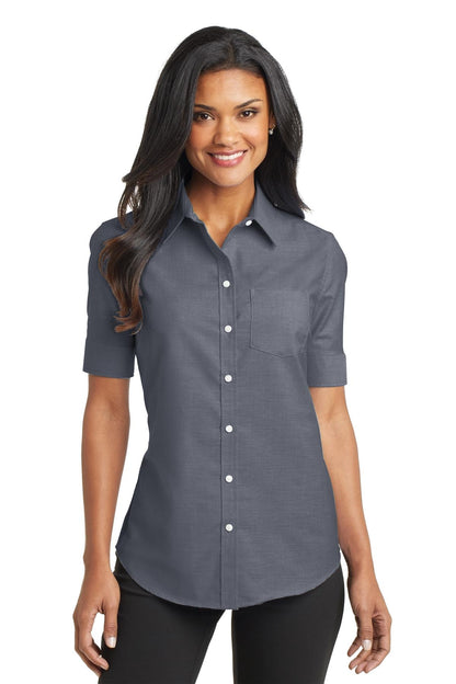 Front View of Black Port Authority Women's Short Sleeve SuperPro Oxford Shirt. L659  - XXL