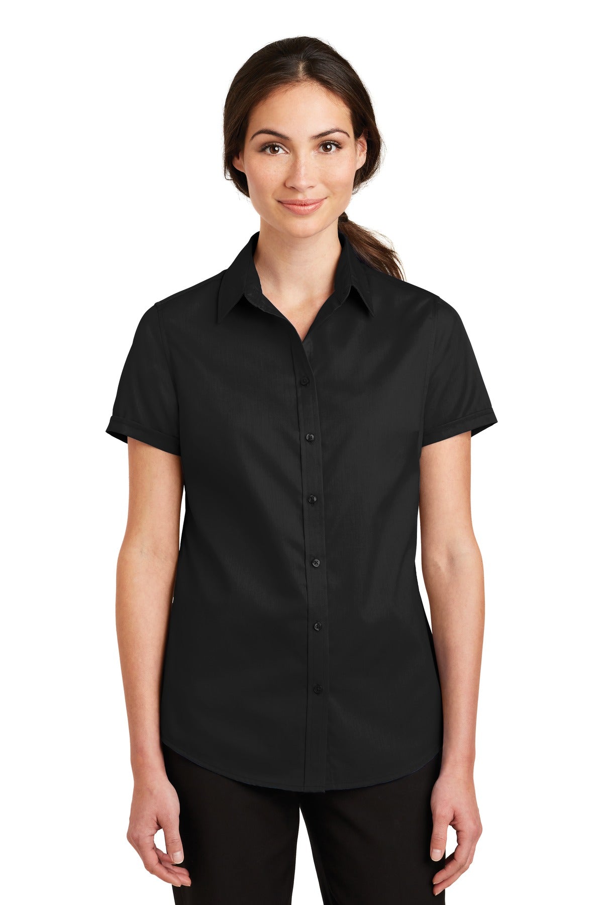 Front View of Black Port Authority Women's Short Sleeve SuperPro Twill Shirt. L664  - XS