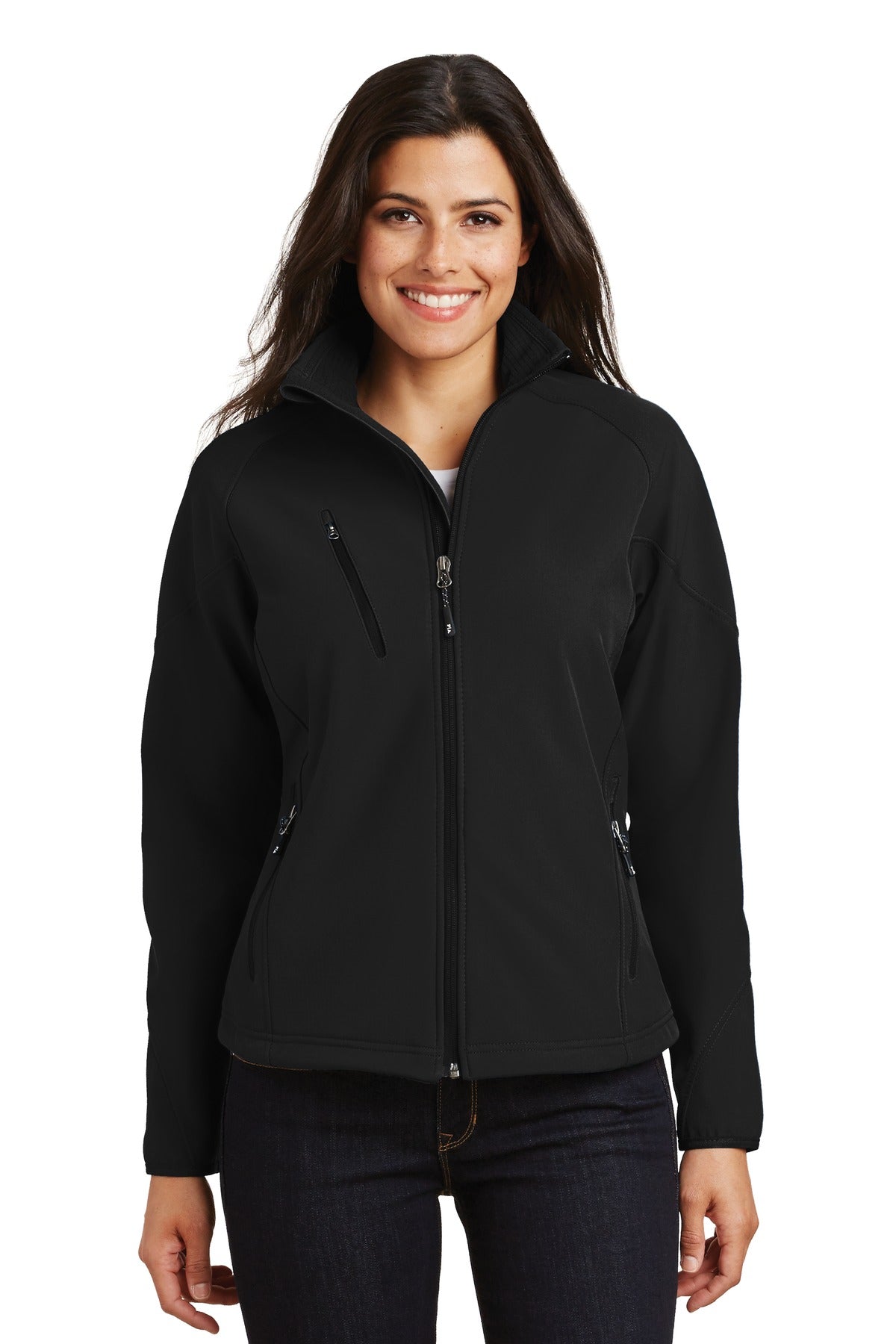 Front View of Black Port Authority Women's Textured Soft Shell Jacket. L705  - S