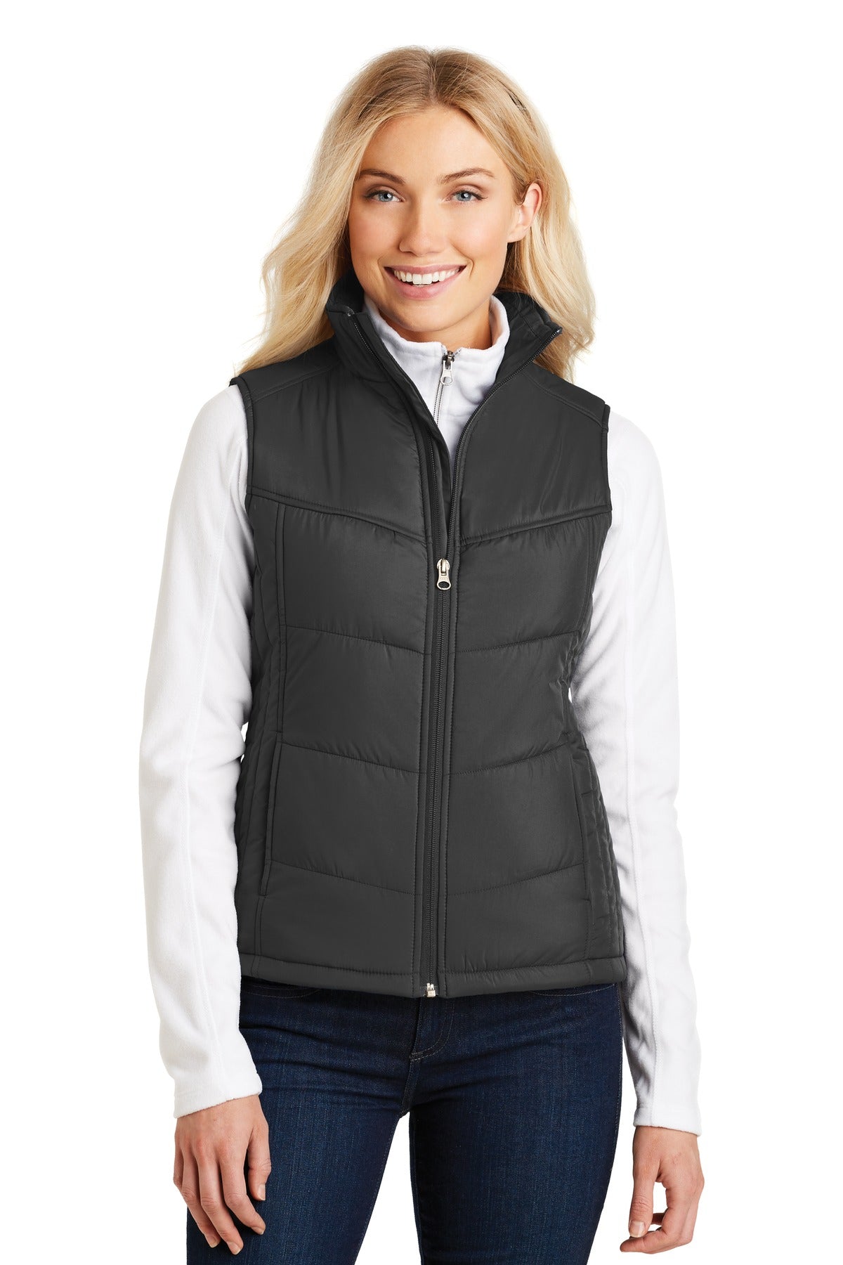 Front View of Black Port Authority Women's Puffy Vest. L709  - 4XL