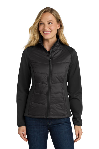 Front View of Deep Black Port Authority Women's Hybrid Soft Shell Jacket. L787  - M