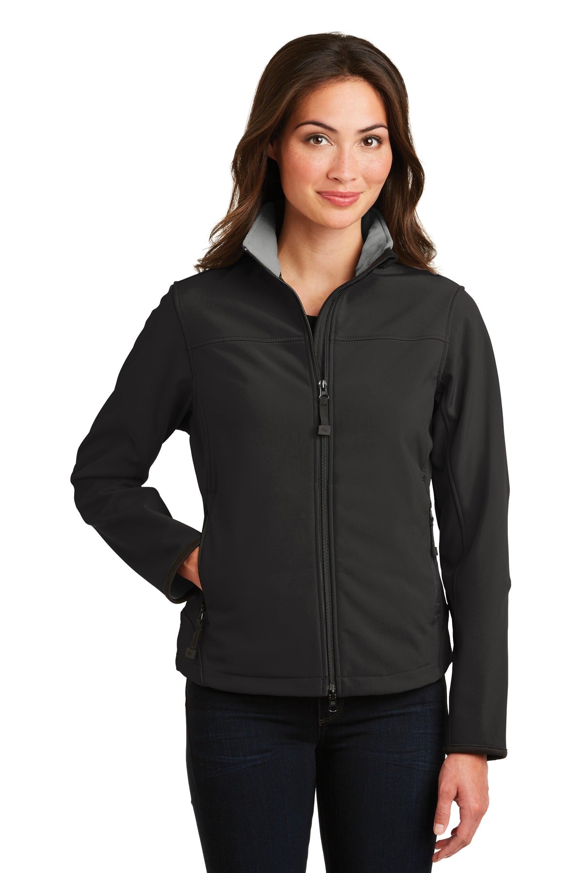 Front View of Black/Chrome Port Authority Women's Glacier Soft Shell Jacket. L790  - XS