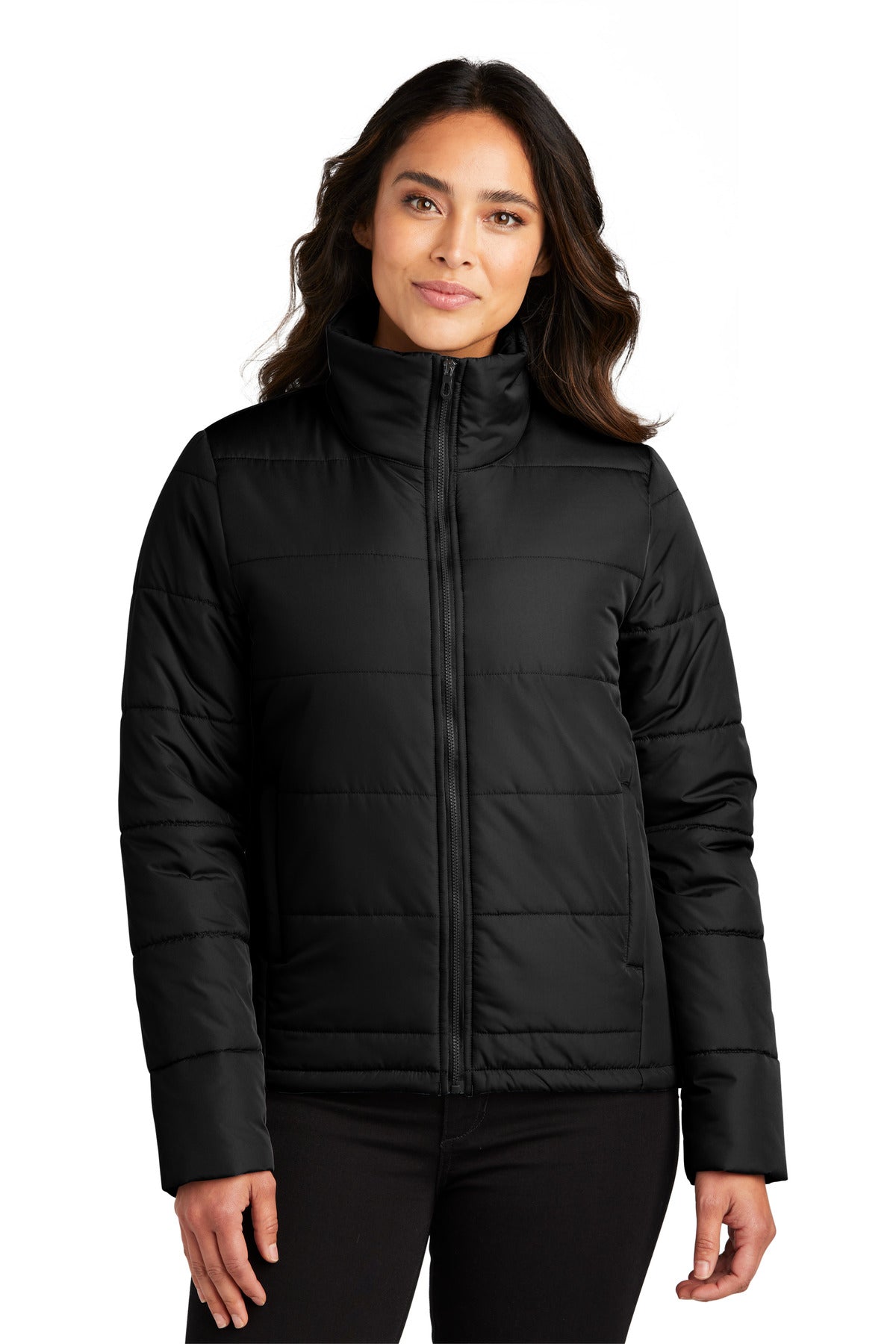 Front View of DeepBlack Port Authority Women's Puffer Jacket L852  - M
