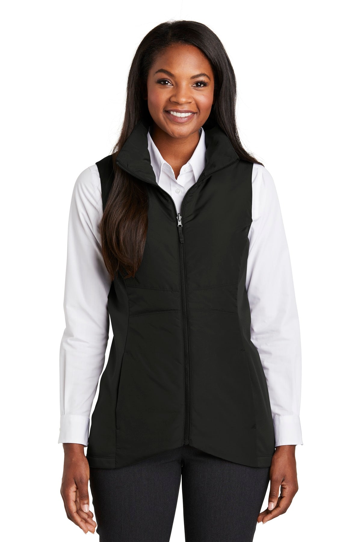 Front View of Deep Black Port Authority Women's Collective Insulated Vest. L903  - M