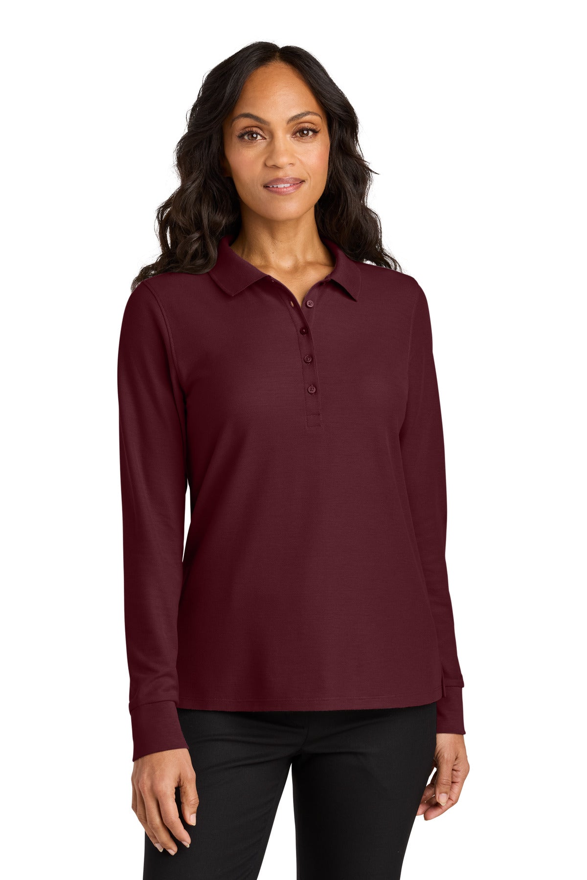 Front View of Burgundy Port Authority Women's Wearever Signature Pique Long Sleeve Polo LK200LS  - XL