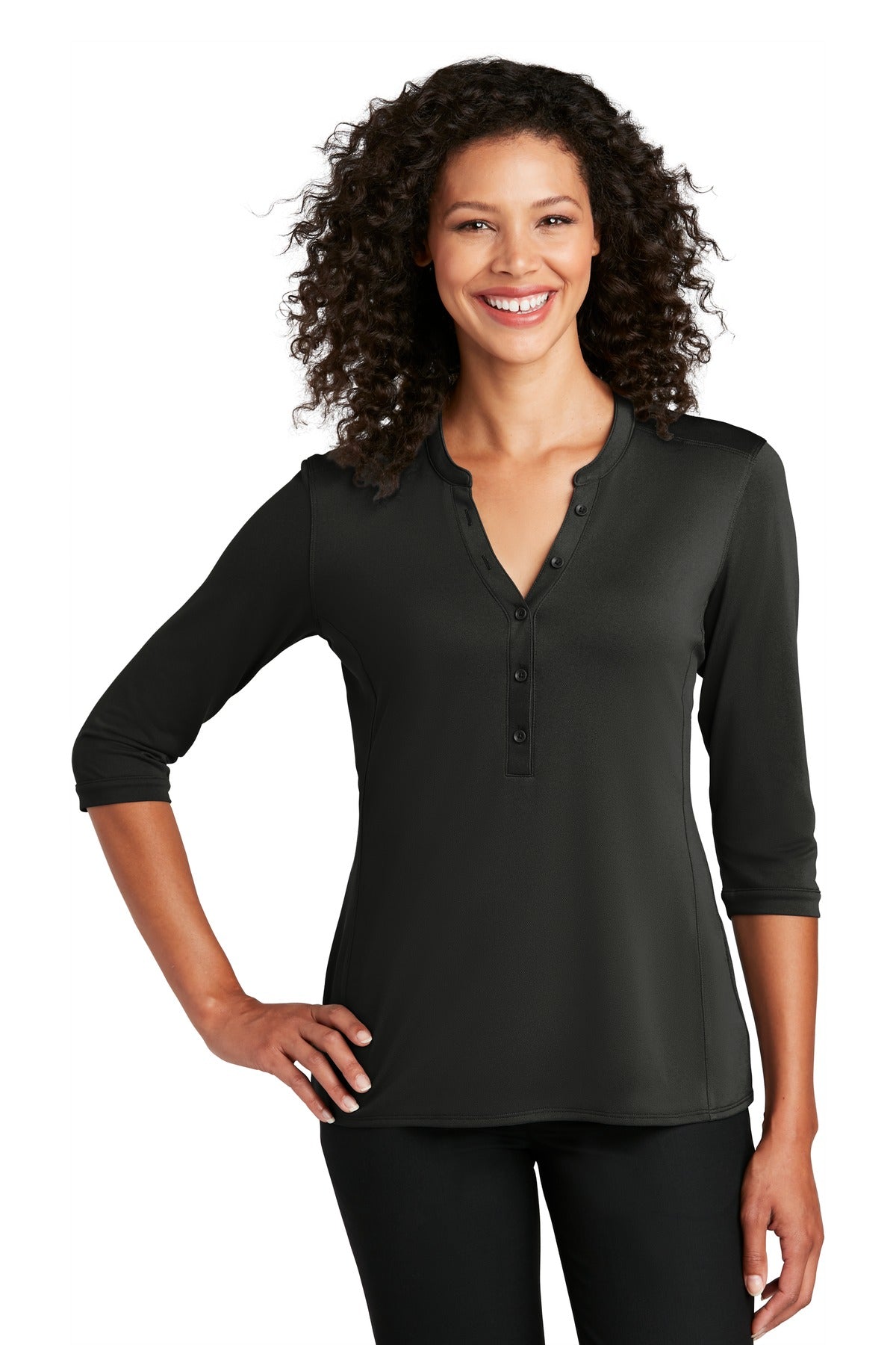 Front View of Black Port Authority Women's UV Choice Pique Henley LK750  - XS