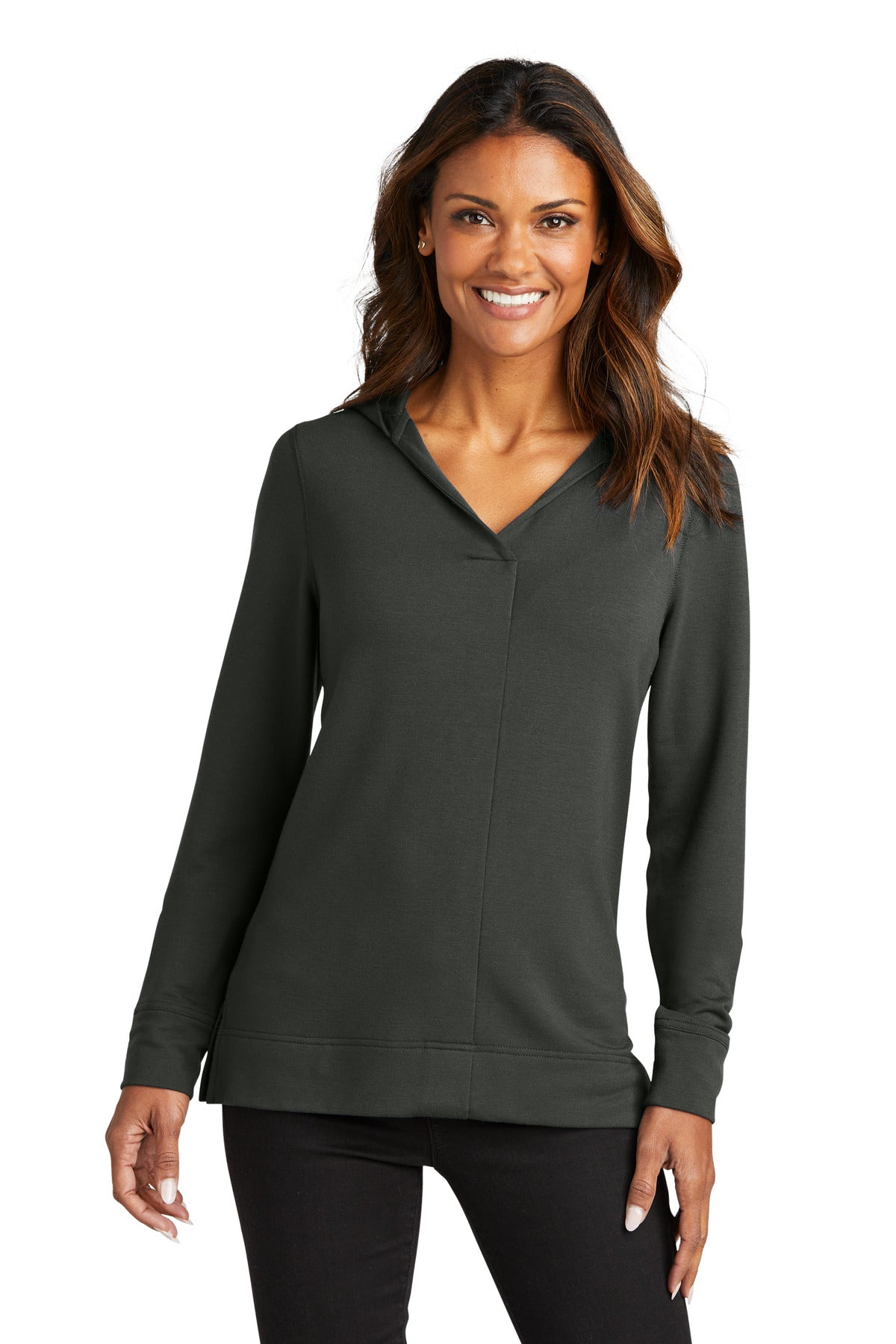 Front View of Charcoal Port Authority Women's Microterry Pullover Hoodie LK826  - XS