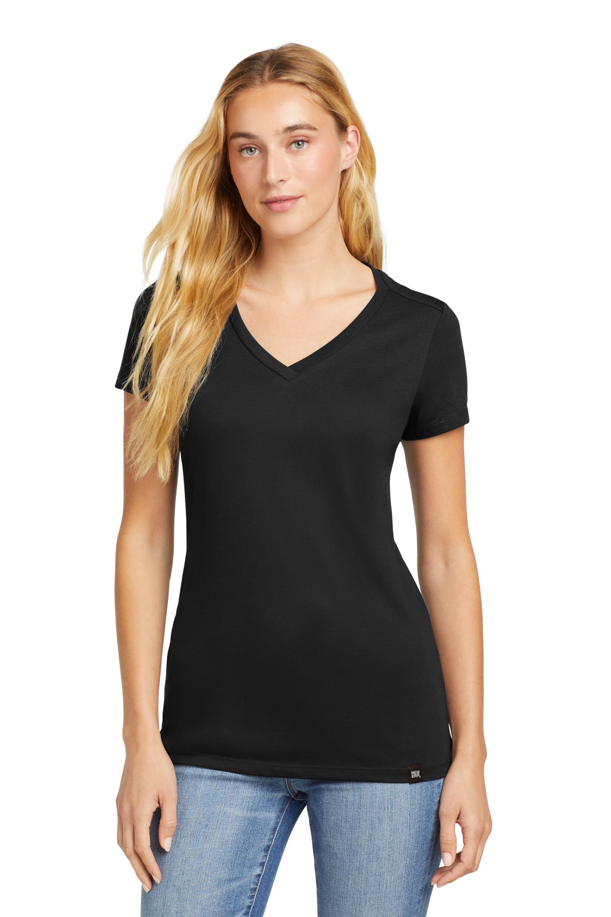 Front View of Black New Era Women's Heritage Blend V-Neck Tee. LNEA101  - XS
