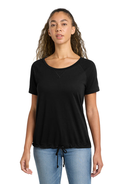 Front View of Black Solid New Era Women's Tri-Blend Performance Cinch Tee. LNEA133  - XS