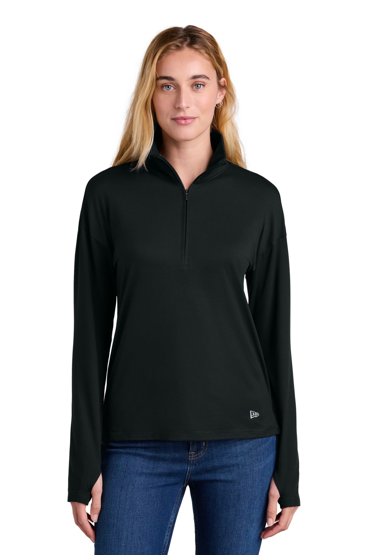 Front View of Black New Era Women's Power 1/2-Zip LNEA228  - XS