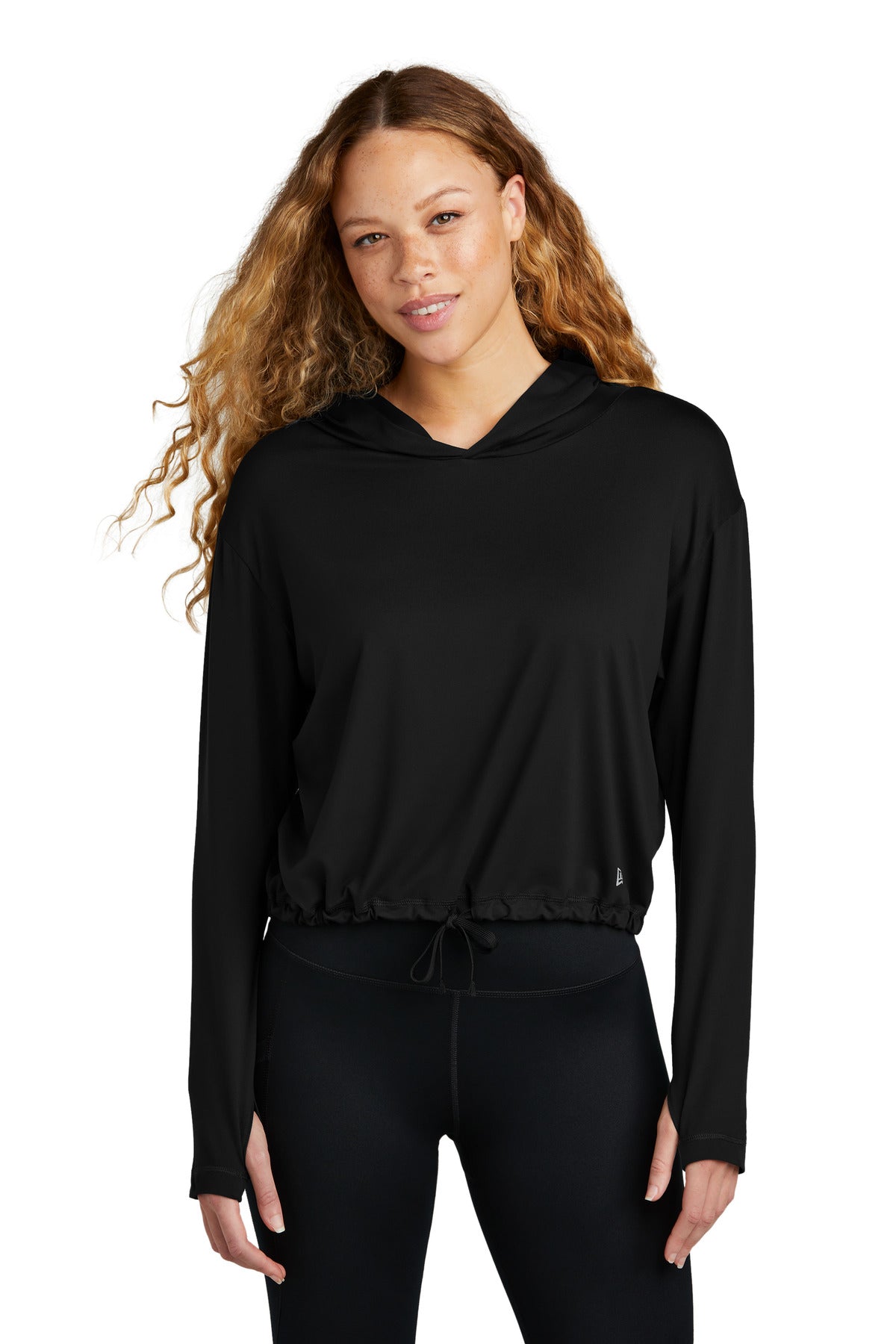 Front View of Black New Era Women's Power Long Sleeve Hoodie LNEA229  - XS