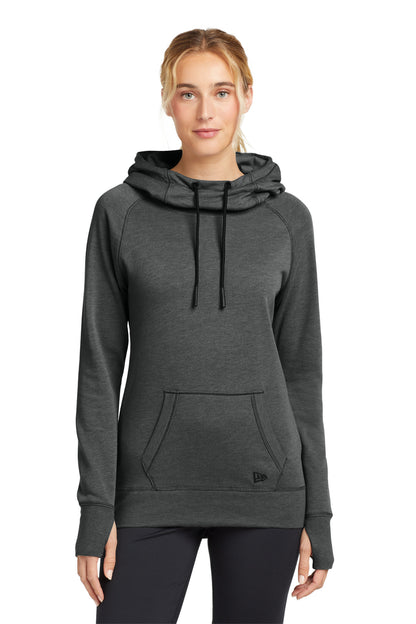 Front View of Black Heather New Era Women's Tri-Blend Fleece Pullover Hoodie. LNEA510  - XS