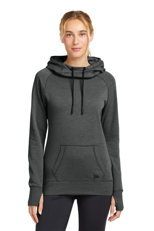 Front View of Black Heather New Era Women's Tri-Blend Fleece Pullover Hoodie. LNEA510  - XS