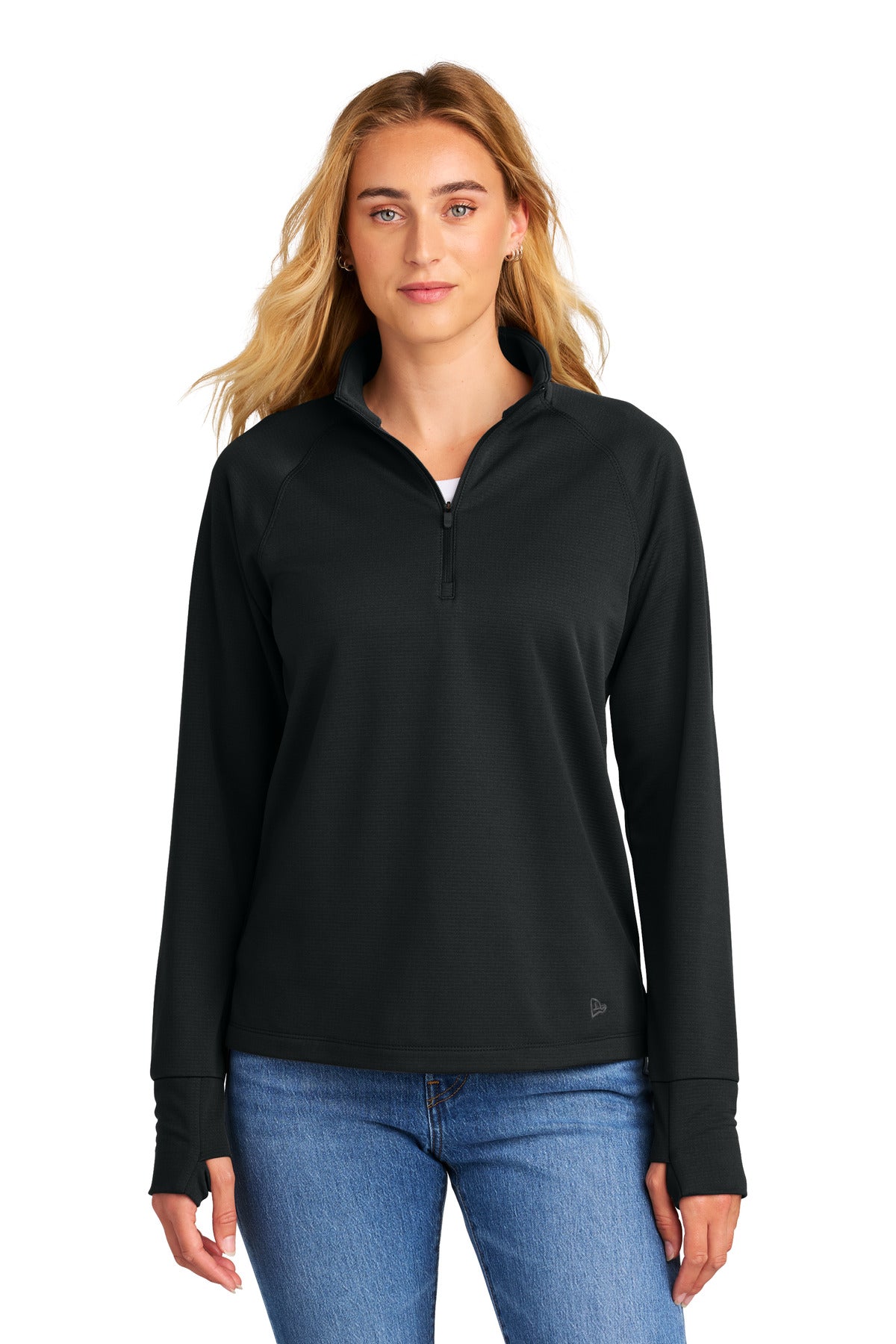 Front View of Black New Era Women's Stand Out 1/4-Zip LNEA515  - XS
