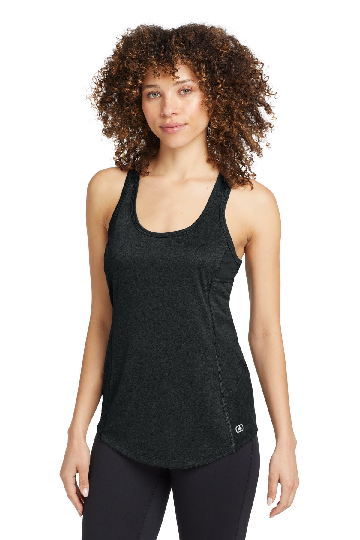 Front View of Blacktop OGIO Women's Racerback Pulse Tank. LOE322  - XS