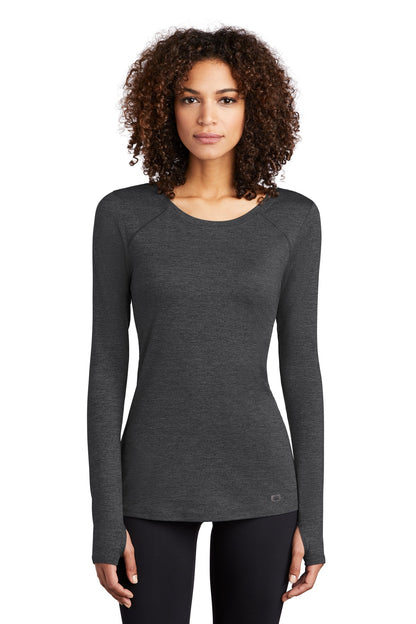 Front View of Blacktop Hthr OGIO Women's Force Long Sleeve Tee LOE340  - XS