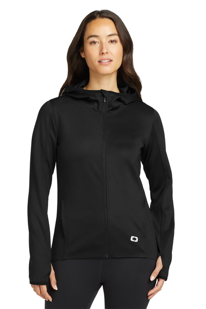 Front View of Blacktop OGIO Women's Stealth Full-Zip Jacket. LOE728  - XS