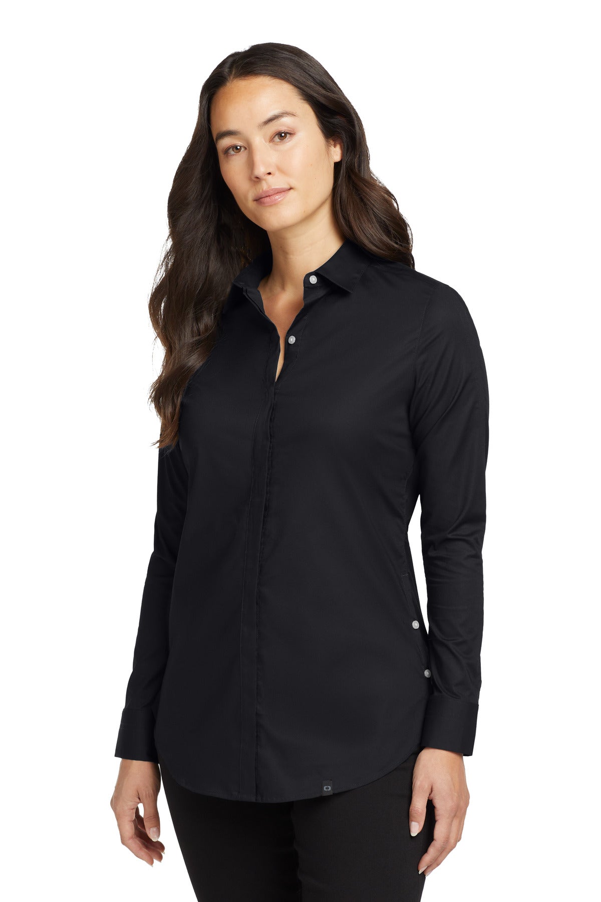 Front View of Blacktop OGIO Women's Commuter Woven Tunic. LOG1002  - XS