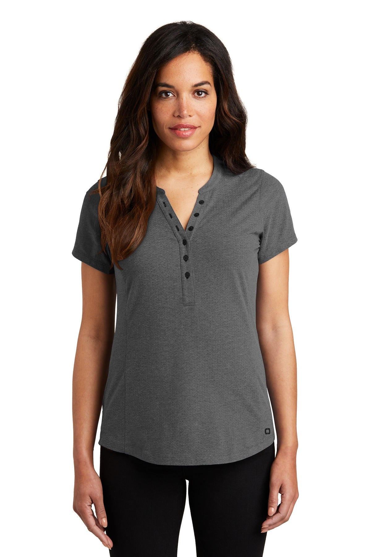Front View of Blacktop Hthr OGIO Women's Tread Henley. LOG136  - XS