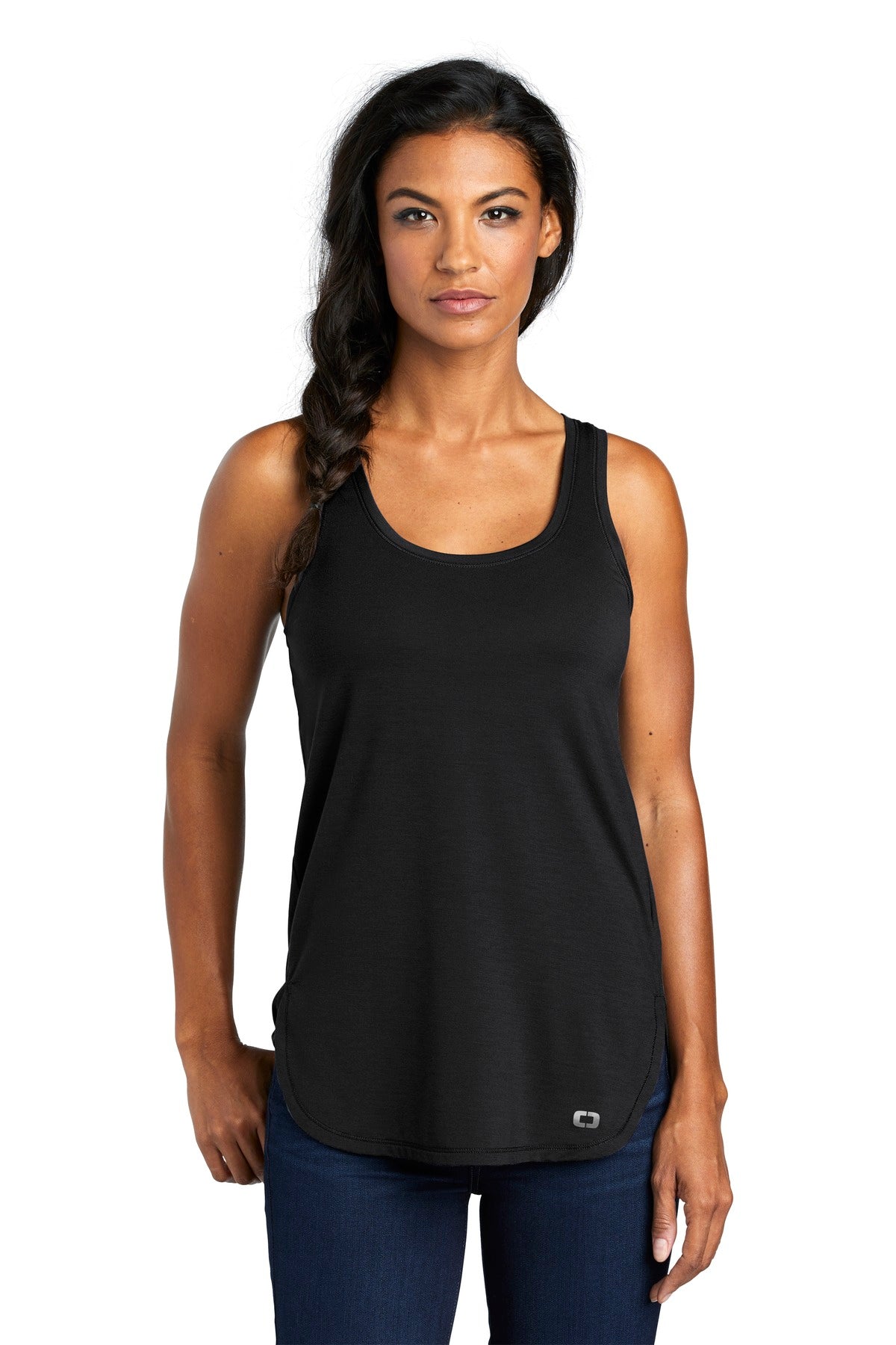 Front View of Blacktop OGIO Women's Luuma Tank. LOG801  - XS