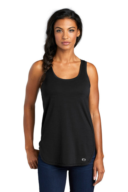 Front View of Blacktop OGIO Women's Luuma Tank. LOG801  - XS