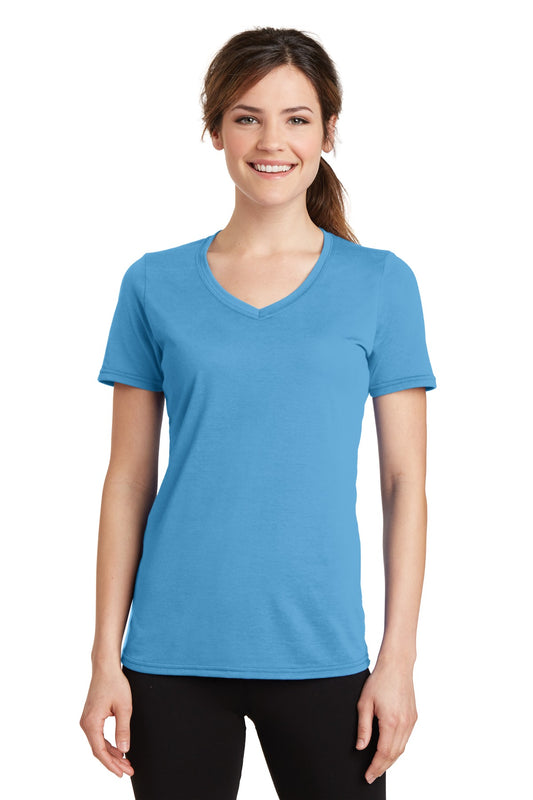 Front View of Aquatic Blue Port & Co Women's Performance Blend V-Neck Tee. LPC381V  - 4XL