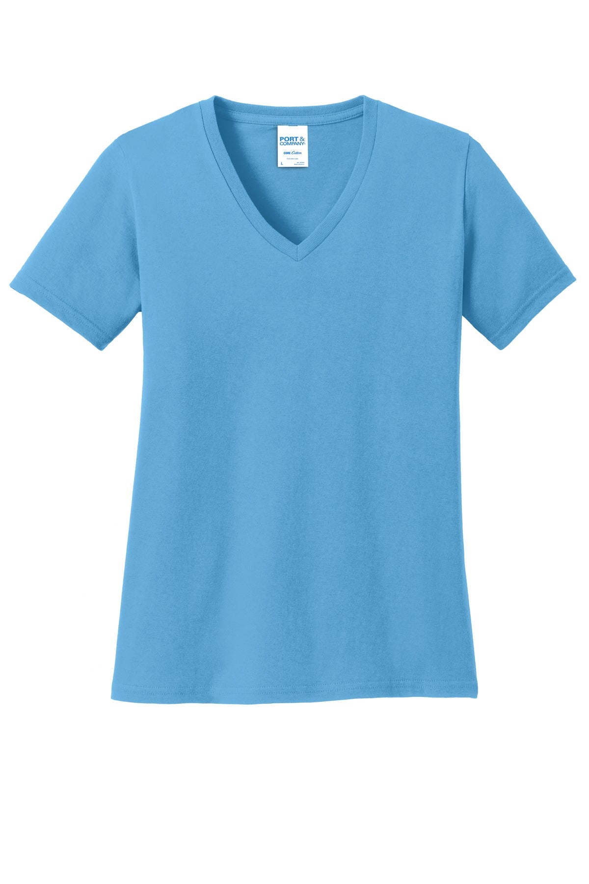 Front View of Aquatic Blue Port & Co Women's Core Cotton V-Neck Tee. LPC54V  - 4XL