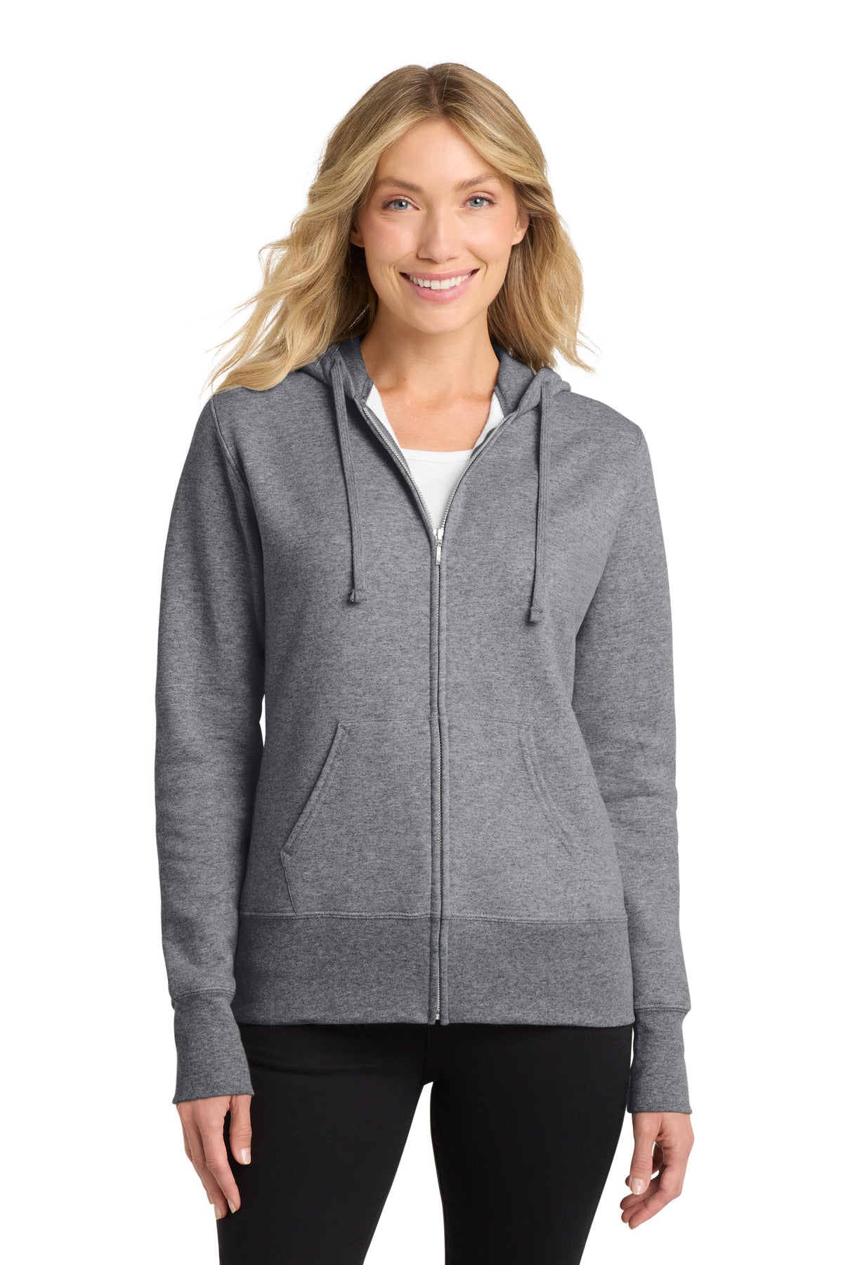 Front View of Athletic Hthr Port & Co Women's Core Fleece Full-Zip Hooded Sweatshirt. LPC78ZH  - 3XL