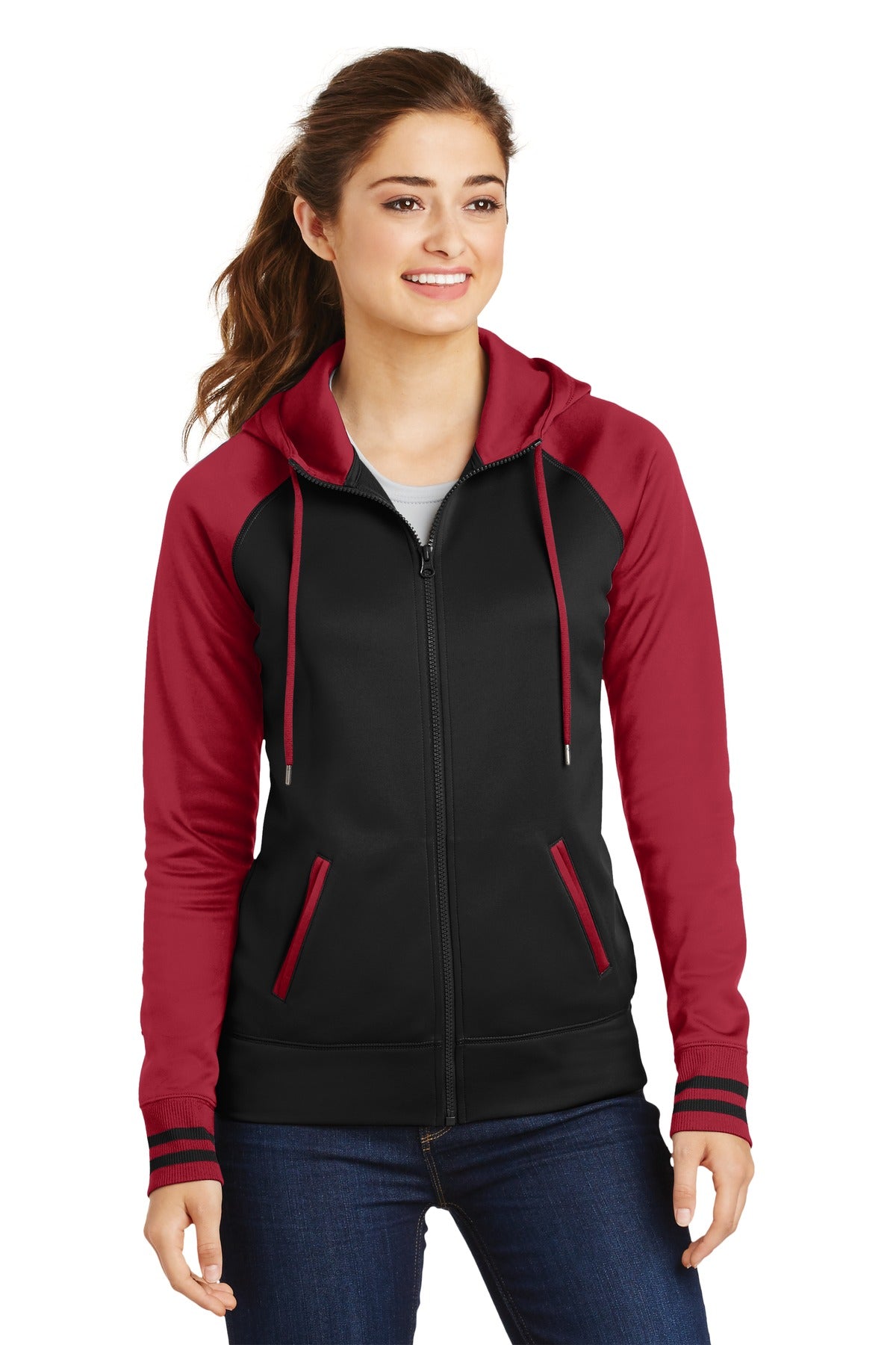 Front View of Blk/Deep Red Sport-Tek Women's Sport-Wick Varsity Fleece Full-Zip Hooded Jacket. LST236  - XS