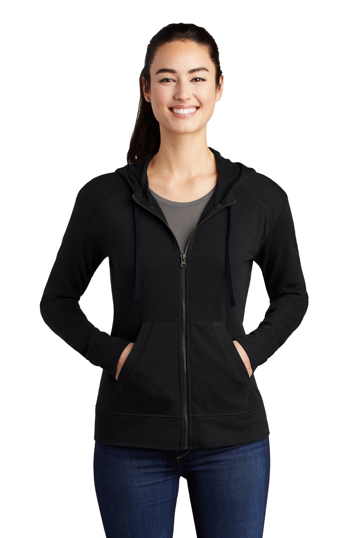 Front View of Black Triad So Sport-Tek Women's PosiCharge Tri-Blend Wicking Fleece Full-Zip Hooded Jacket LST293  - XS