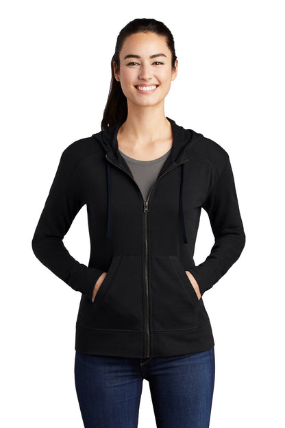 Front View of Black Triad So Sport-Tek Women's PosiCharge Tri-Blend Wicking Fleece Full-Zip Hooded Jacket LST293  - XS