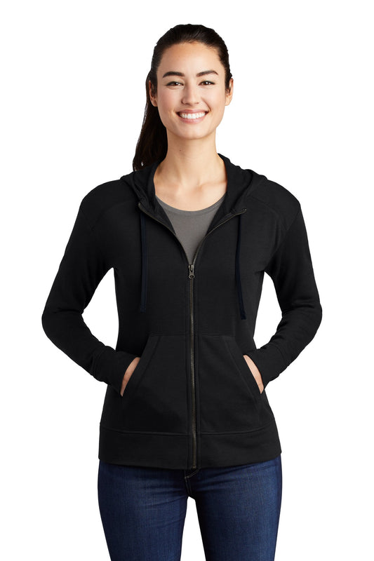 Front View of Black Triad So Sport-Tek Women's PosiCharge Tri-Blend Wicking Fleece Full-Zip Hooded Jacket LST293  - XS