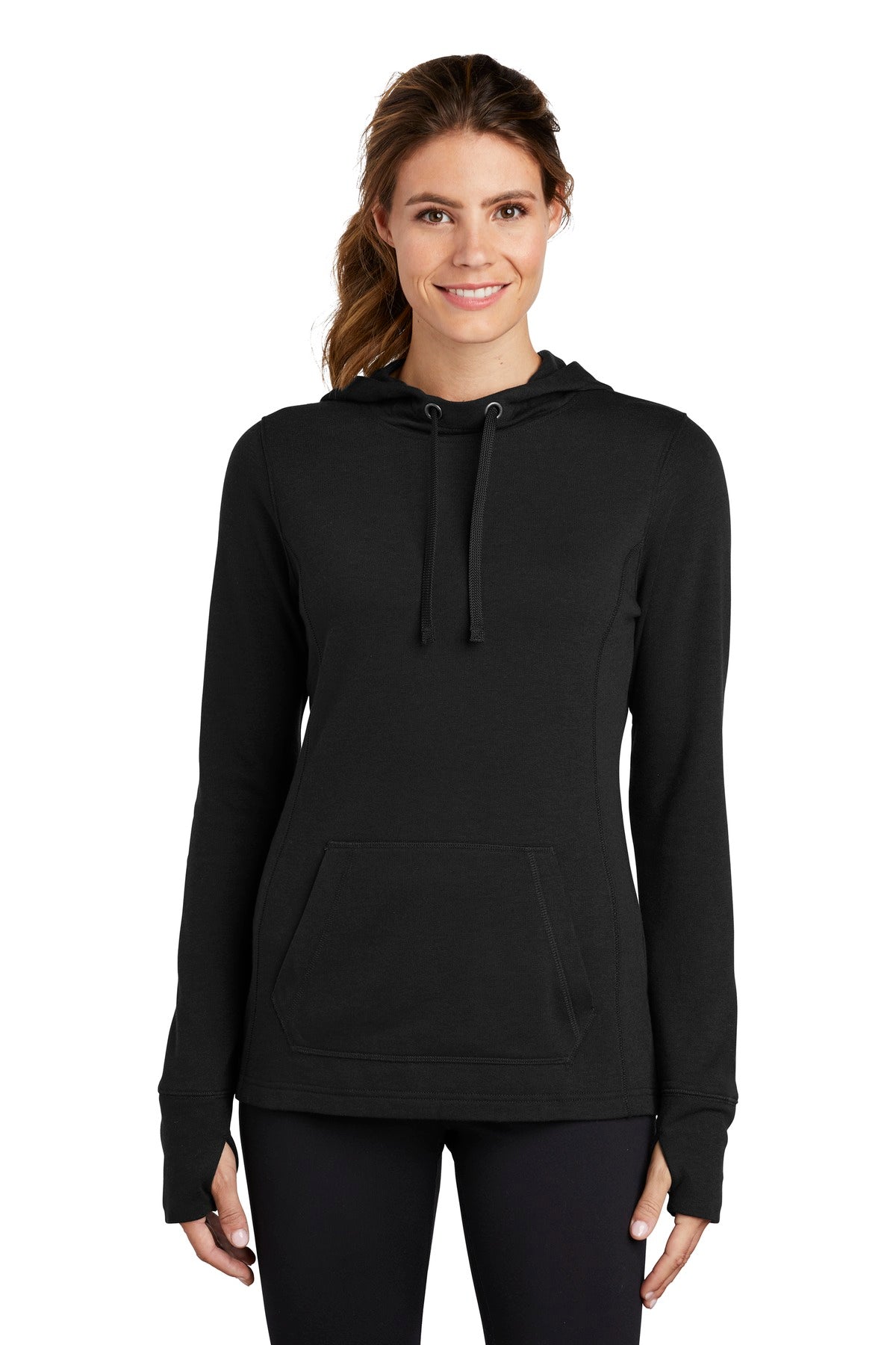 Front View of Black Triad So Sport-Tek Women's PosiCharge Tri-Blend Wicking Fleece Hooded Pullover. LST296  - XL