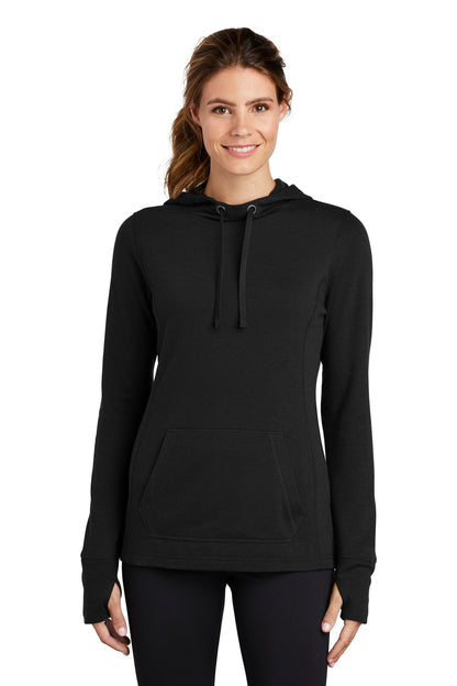 Front View of Black Triad So Sport-Tek Women's PosiCharge Tri-Blend Wicking Fleece Hooded Pullover. LST296  - XL